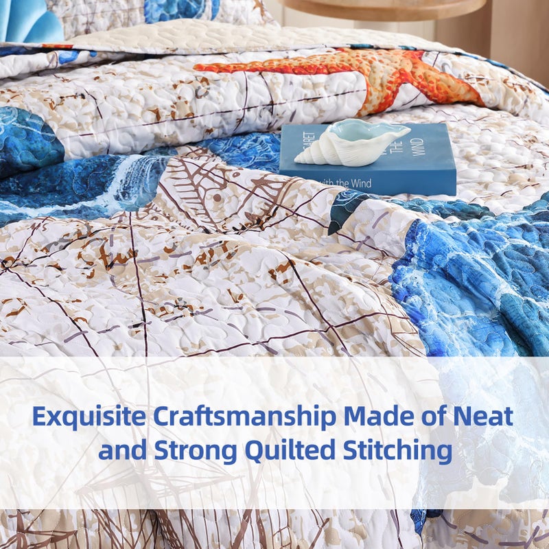 weigelia Coastal Quilts Bedding Set Queen Size - Summer Vintage Sea Turtles Nautical Bedding Quilt with Pillow Cases, Beach Reversible Quilt Set Bedspreads Coverlet Soft Lightweight Comforter - Image 4
